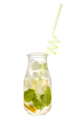 Bottle of fresh lemonade on white background