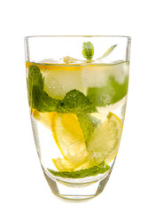 Glass of fresh lemonade on white background