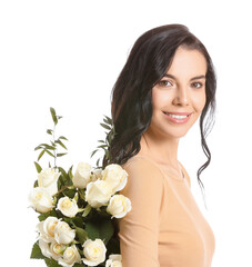 Beautiful young woman with bouquet of roses on white background