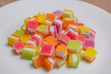 A pile of fruity gummy jelly sweets.