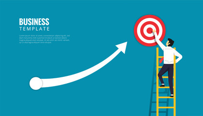 Business template design concept. Businessman character standing up on ladder with target symbol. Increase arrow aim to the dartboard vector illustration - obrazy, fototapety, plakaty