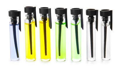 Perfume samples on white background