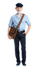 Handsome old postman on white background