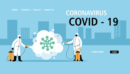 men wear protective suit, cleaning and disinfection the city by coronavirus or covid 19