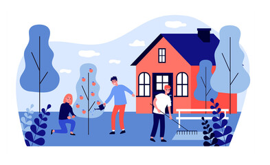 Happy people doing garden works. Watering apple tree, using rakes, country house flat vector illustration. Outdoor activity, gardening concept for banner, website design or landing web page