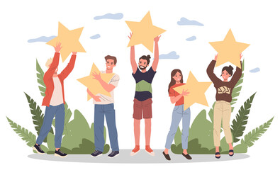Satisfied customers rating services quality with review stars illustration. Happy people holding stars over their hands. Clients giving feedback for marketing survey, customer choice award