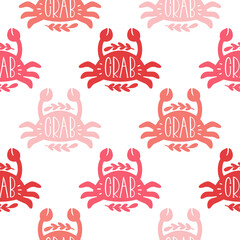 Sea animals crab marine seamless pattern text lettering. Ocean shape design fabric print.