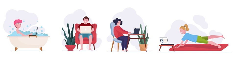 People using laptops at home set. Different action, freelancer, leisure flat illustration. Wireless internet, freelance, communication concept for banner, website design or landing web page