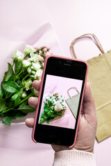 Worker flower pink delivery service phone packing bag hand packer shipping open online