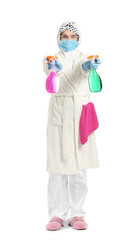Housewife in protective costume and with cleaning supplies on white background