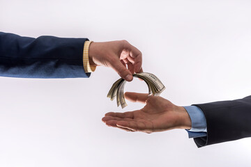 Business people transfer us money isolated on gray background