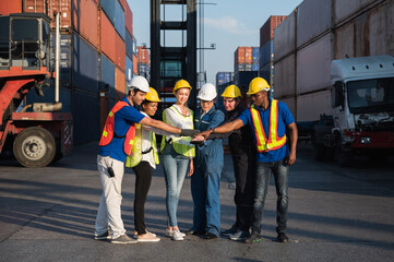 Group of foreman man & woman worker working checking at Container cargo harbor to loading containers. Dock male and female staff business Logistics import export shipping concept.