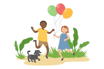 Caucasian girl with helium balloons and African-American boy. Friendship. Vector illustration.