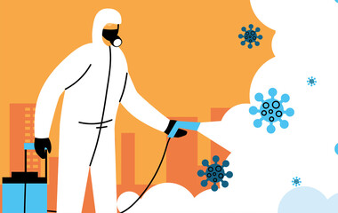 a man wear protective suit, cleaning and disinfection the city by coronavirus or covid 19