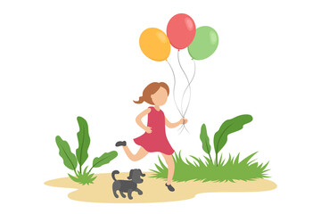 Caucasian girl run with helium balloons. Vector illustration.