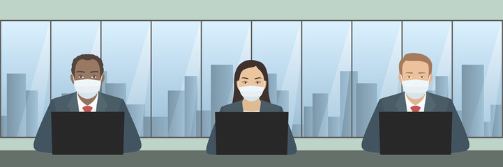 Office people in face masks working on laptops in office. Vector illustration.