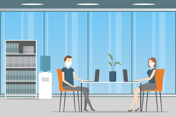 Caucasian man and woman in face masks working on laptops in office. Vector illustration.