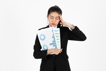 Depressed stressed young Asian business woman in suit suffering from severe depression over white isolated background. Failure and layoff concept.