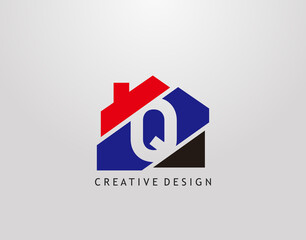 Q Letter Logo. house strip shape with negative letter Q, Real Estate Architecture Construction Icon Design.