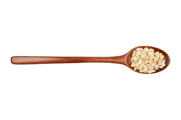 Oatmeal in the wooden spoon, isolated on white. Top view