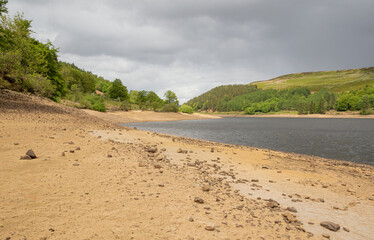 The yellow sandy shore of Derwent reservoir