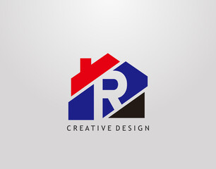 R Letter Logo. house strip shape with negative letter R, Real Estate Architecture Construction Icon Design.