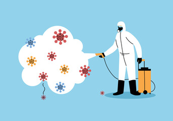 man wears protective suit, disinfection by coronavirus or covid 19