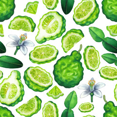 Seamless pattern of watercolor bergamot fruits, leaves and flower
