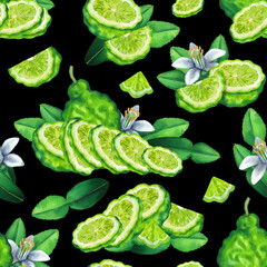 Seamless pattern of watercolor bergamot fruits, leaves and flower