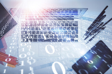 Multi exposure of data drawing hologram over topview of study desk background with computer. Concept of technology.