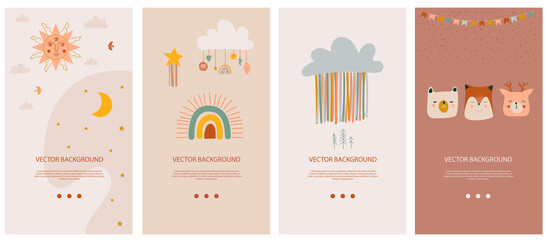 Set of vertical background template for social network and mobile app with cute boho elements for kids, decorative doodle and animals. Vector illustration. - obrazy, fototapety, plakaty