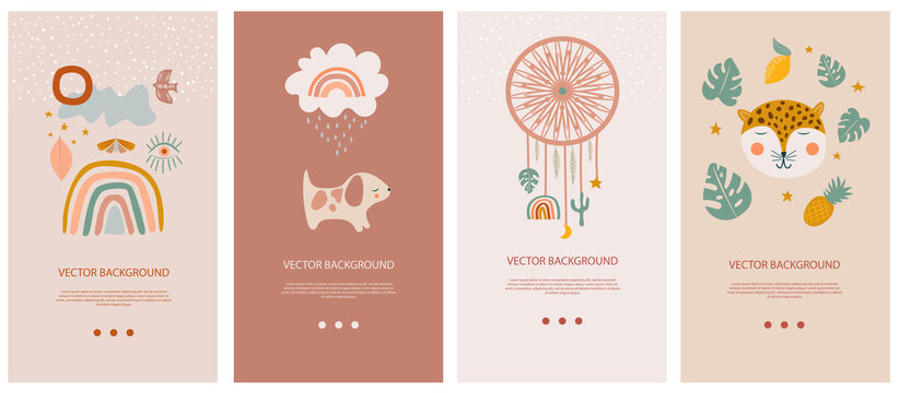 Set of vertical background template for social network and mobile app with cute boho elements for kids, decorative doodle and animals. Vector illustration.