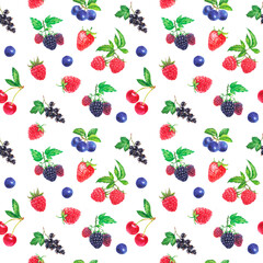 Fototapeta na wymiar Watercolor berry and green leaves; raspberry, strawberry, black current, blueberry. Summer seamless pattern on white background
