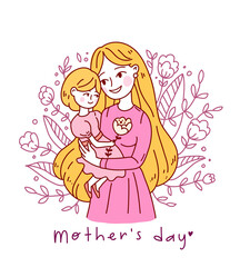Doodle kawaii style. Cute woman vector illustrations. Happy Mother s Day