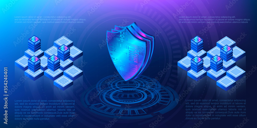 Poster isometric shield of the security system of your data on electronic media. cybersecurity and informat