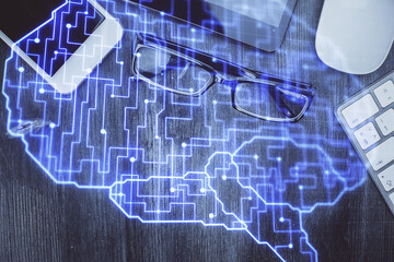 Double exposure of brain drawing over work table desktop. Top view. Global data analysis concept.
