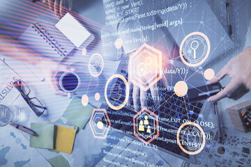 Double exposure of man and woman working together and data theme hologram drawing. Computer background. Top View.