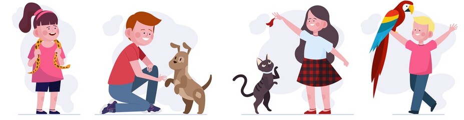 Children playing with cat and dog set. Kids holding their snake and parrot flat illustration. Pets, animal care, petting zoo concept for banner, website design or landing web page
