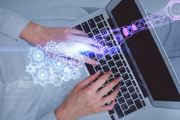 Double exposure of woman hands working on computer and data theme hologram drawing. Top View. Technology concept.