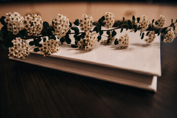 White paper and white flowers on the table