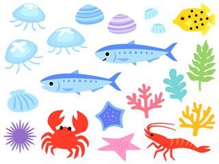 海の生き物の水彩風イラストセット Wall Mural Wallpaper Murals Nora Hachio 海の生き物の水彩風イラストセット Wall Mural Wallpaper Murals Nora Hachio