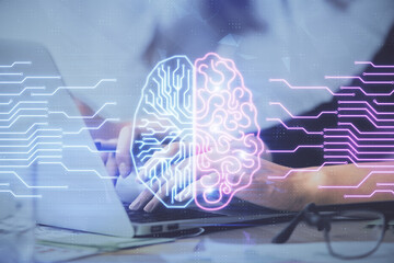 Multi exposure of woman hands working on computer and brain hologram drawing. Ai concept.
