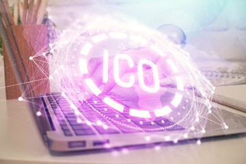 Double exposure of woman hands typing on computer and crypto market theme hologram drawing. Blockchain concept.