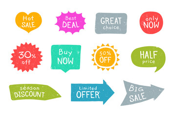 Grunge sale stickers set. Limited offer arrow, half price bubble, season discount ribbon. Flat vector illustrations for badges and labels design, advertising, promo campaign concept