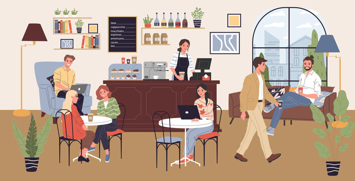 Coffee shop illustration. People drinking coffee at tables, using computers. Modern cafe interior image for barista job, coworking concept