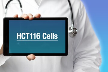 HCT116 Cells. Doctor in smock holds up a tablet computer. The term HCT116 Cells is in the display. Concept of disease, health, medicine