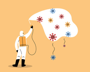 man wears protective suit, disinfection by coronavirus or covid 19
