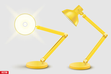 Task table desk lamp set. Sample Model Vintage Cone Shade in yellow color. For Coworking, Home Office Workspace and Study Room. Vector Illustration