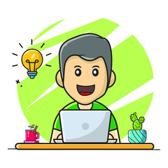 Man cartoon character work and study from home with laptop
