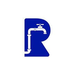 Letter R plumber service repair logo with faucet in negative space logo